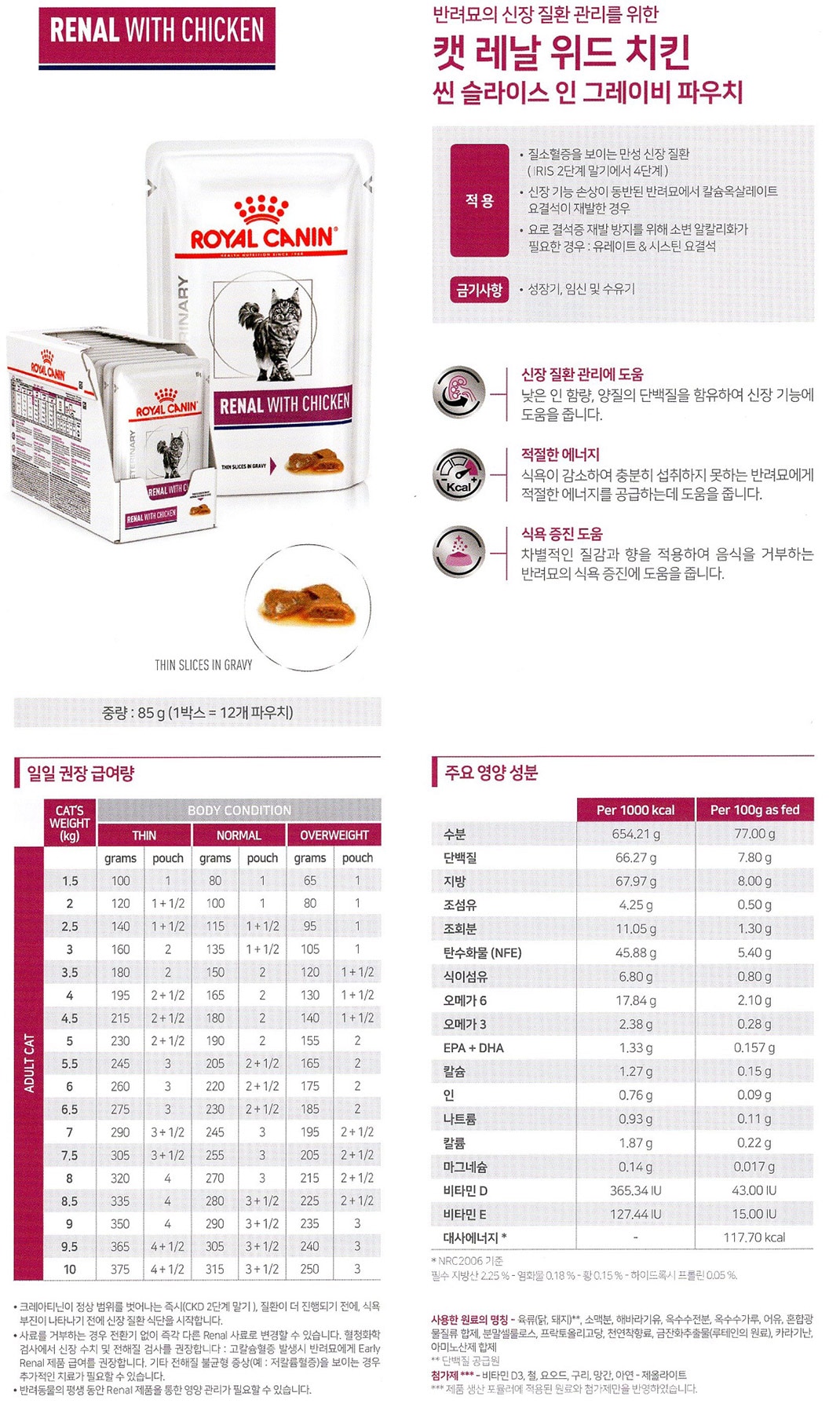 [로얄캐닌] 신장질환 캣 레날 위드 치킨 파우치 85g RF06 상세 이미지 1