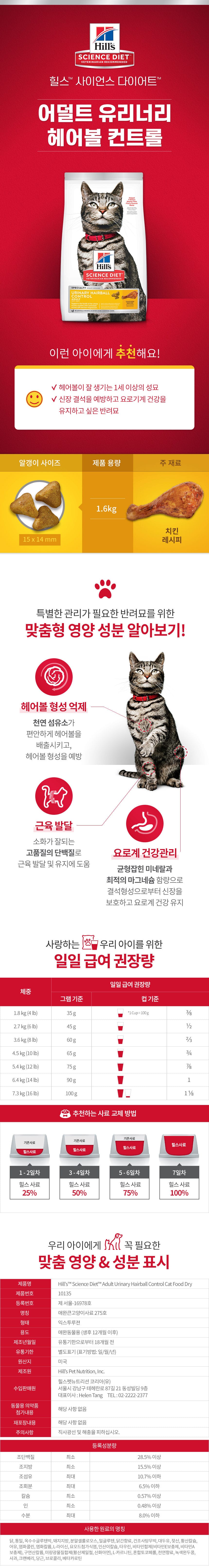 힐스 캣 어덜트 유리너리 헤어볼 컨트롤 고양이유산균사료1.58kg HS02 상세 이미지 1