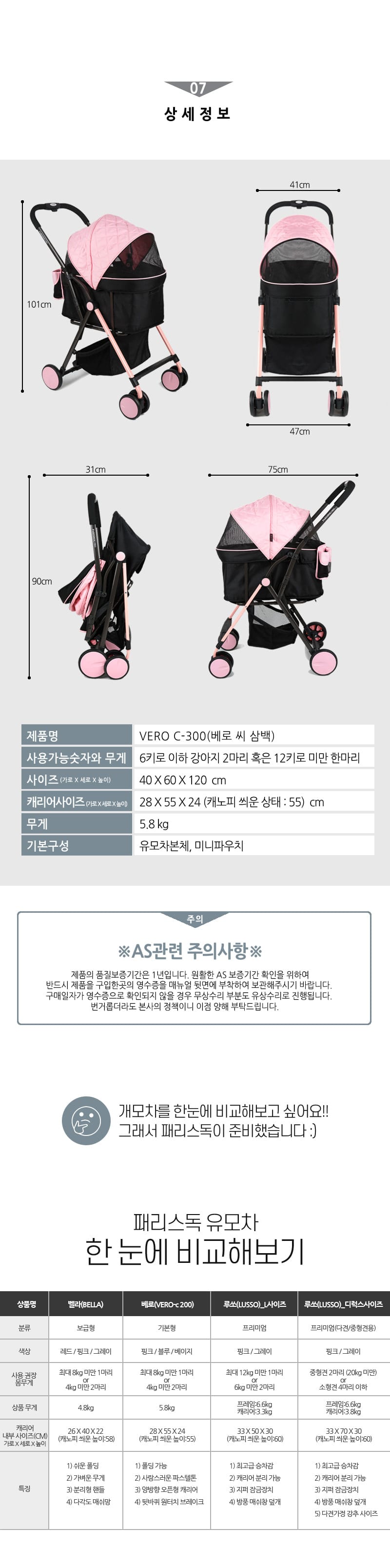 [패리스독] 베로c-300 유모차(핑크) 상세 이미지 5