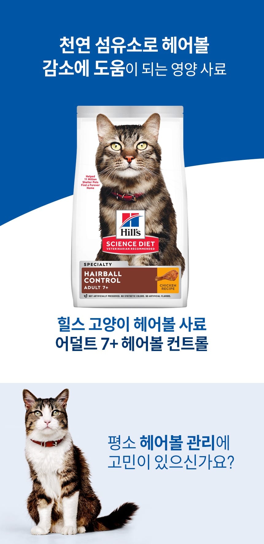 힐스 캣 어덜트7+ 헤어볼 어덜트 1.58kg HS15 고양이 천연섬유소 헤어볼감소 상세 이미지 1